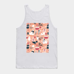 Veterinary medicine, happy and healthy friends // pattern // coral background red details navy blue white and brown cats dogs and other animals Tank Top